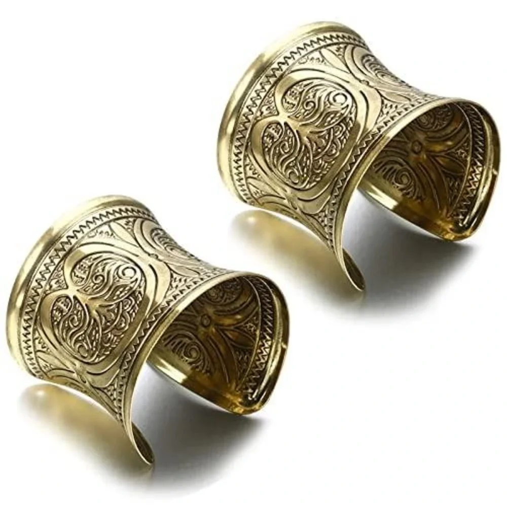 Vintage Style Gold‎ Embossed Filigree Wide Cuff Bracelet Set Statement Jewelry